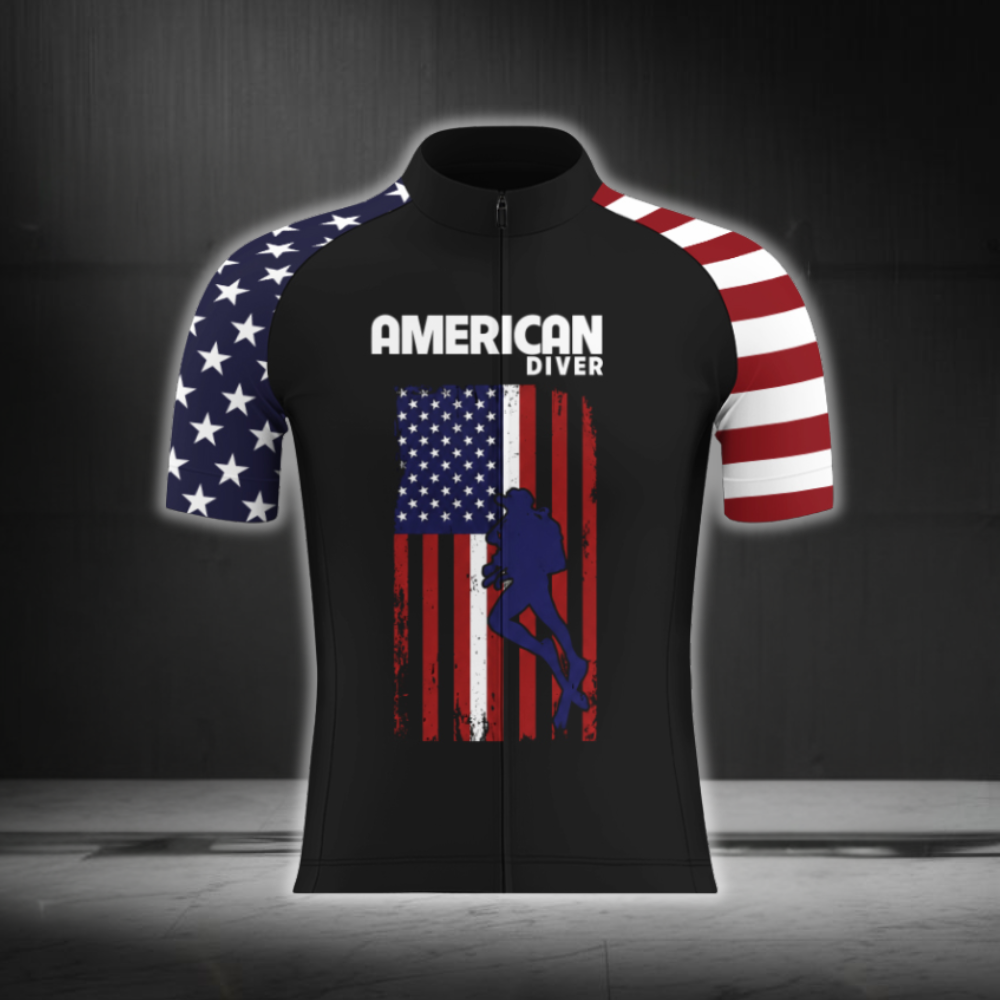 American Diver USA Flag Men's Black Cycling Short Sleeve Jersey, Patriotic Cycling Jersey CG0885