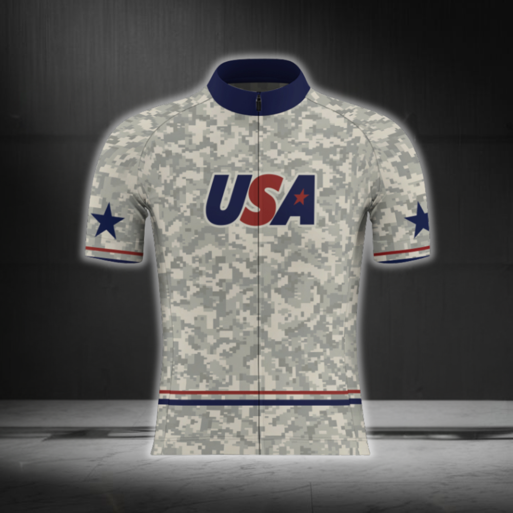 Grey Camo USA Cycling Jersey Men's Short Sleeve, Camoflage Cycling Jersey CG0873