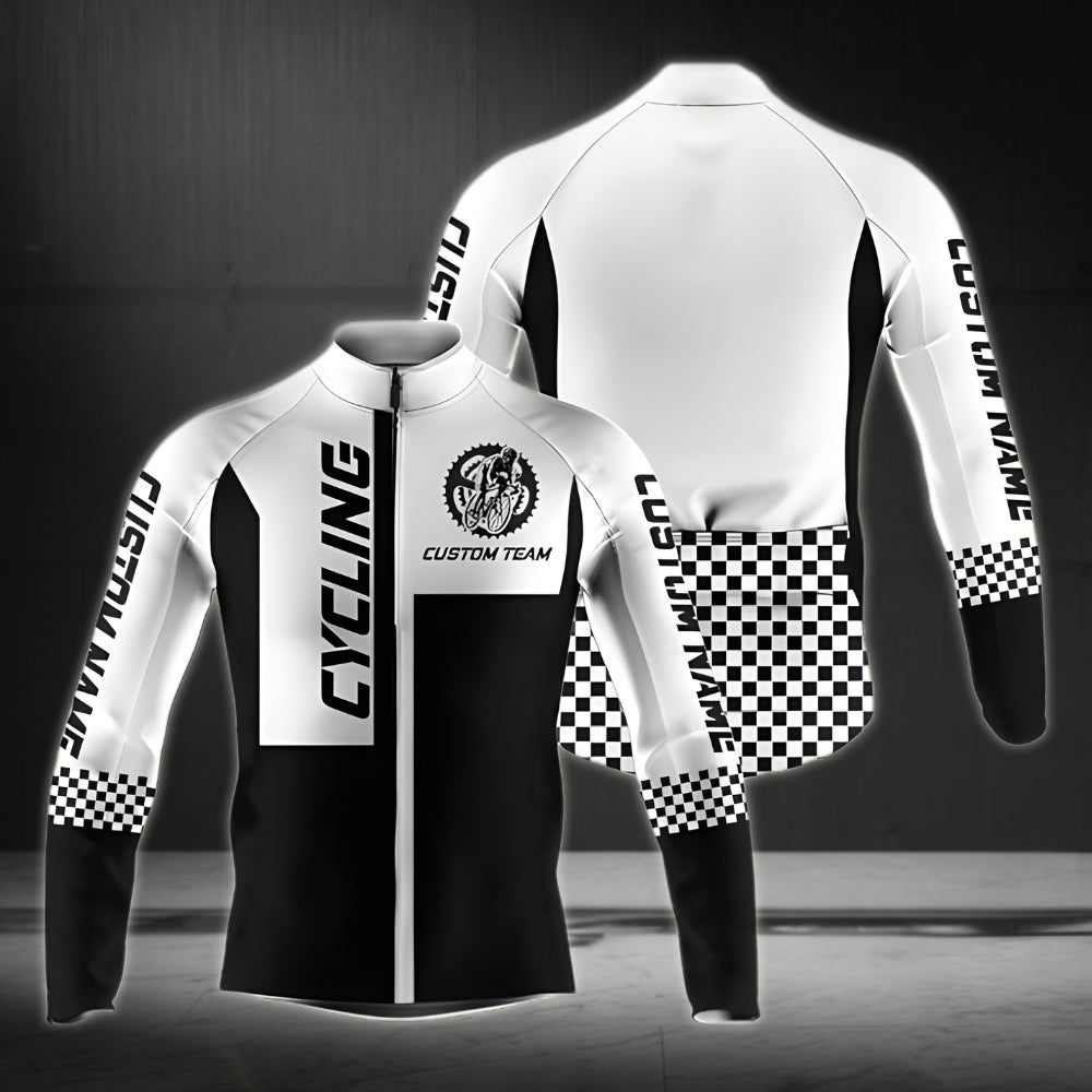 Custom Team Black And White Checkered Cycling Long Sleeve Jersey For Mens, Custom Cycling Jerseys For Team CZ0049