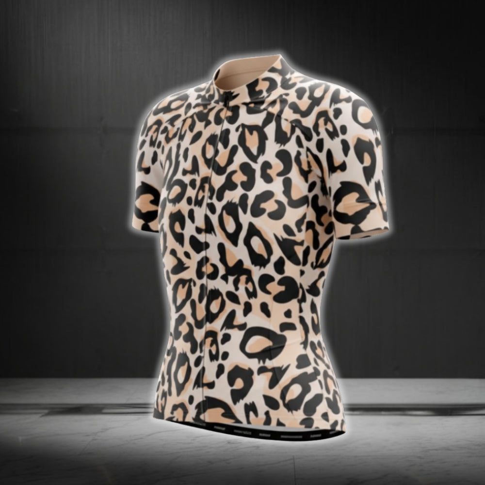 Black And Beige Leopard Cycling Short Sleeve Jersey Women, Leopard Cycling Jersey For Ladies CG0743