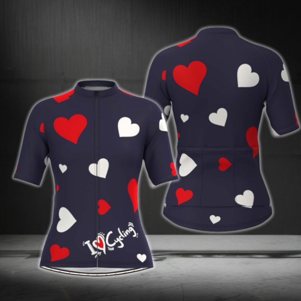 I Love Cycling Heart Short Sleeve Cycling Jersey Womens, Navy Cycling Jerseys For Womens CG0373