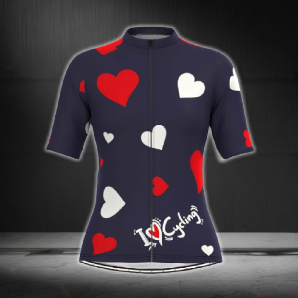 I Love Cycling Heart Short Sleeve Cycling Jersey Womens, Navy Cycling Jerseys For Womens CG0373