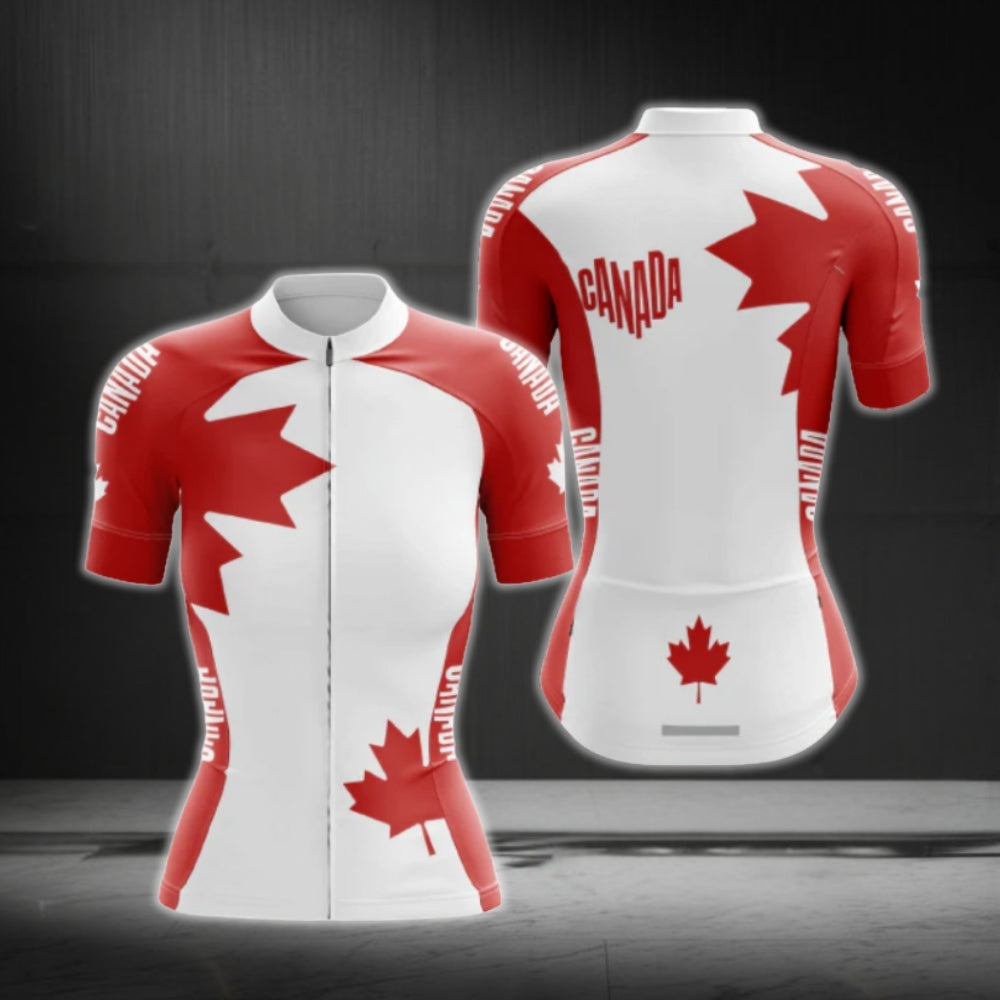 Red And White Maple Leaf Cycling Short Sleeve Women Jersey, Canada Cycling Jerseys CG0624