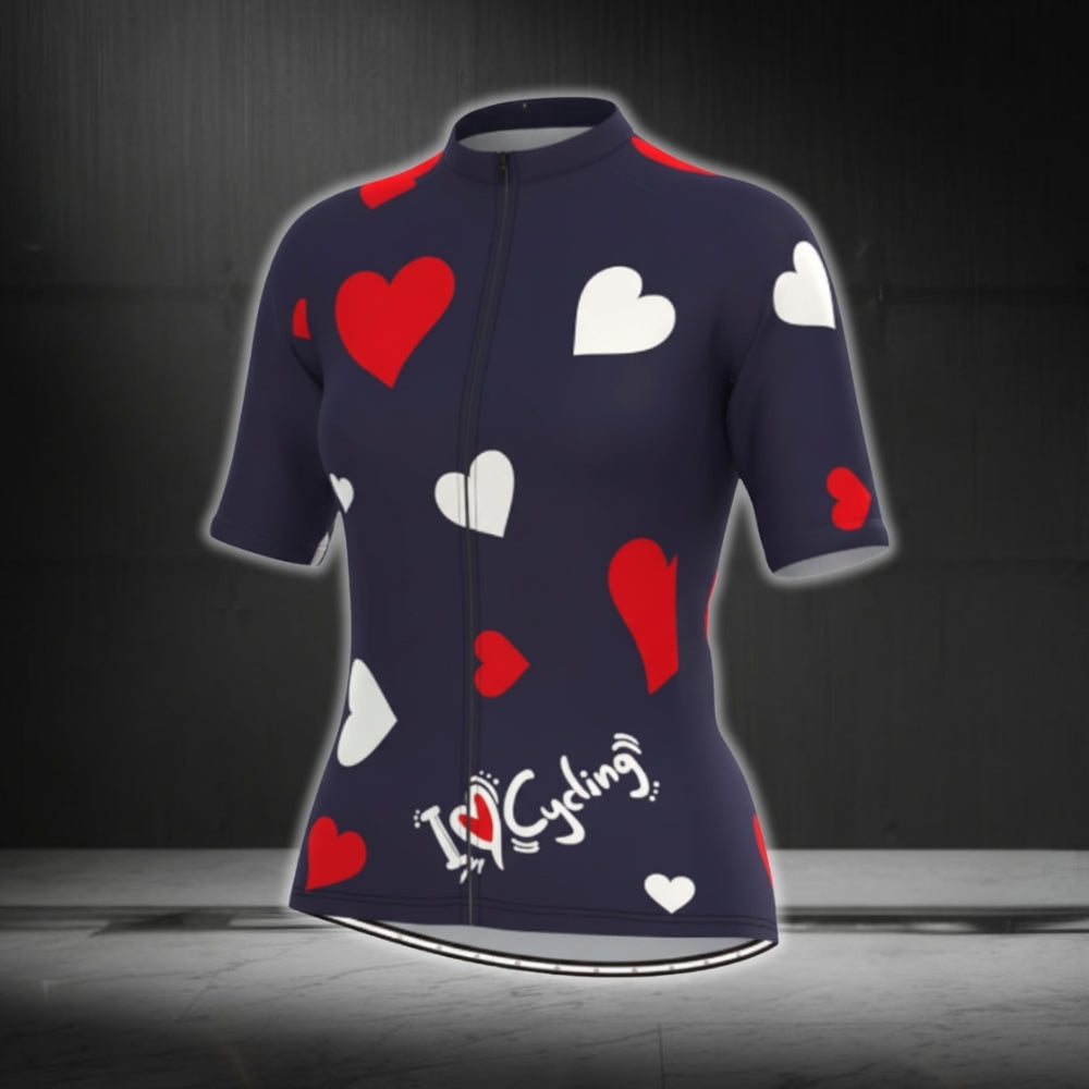 I Love Cycling Heart Short Sleeve Cycling Jersey Womens, Navy Cycling Jerseys For Womens CG0373