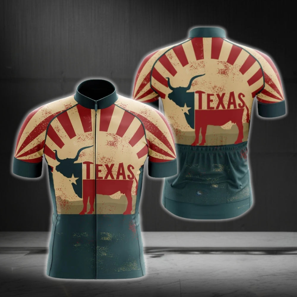 Vintage Longhorn Texas Flag Cycling Short Sleeve Jerseys For Men, Texas State Cycling Jerseys CG0134