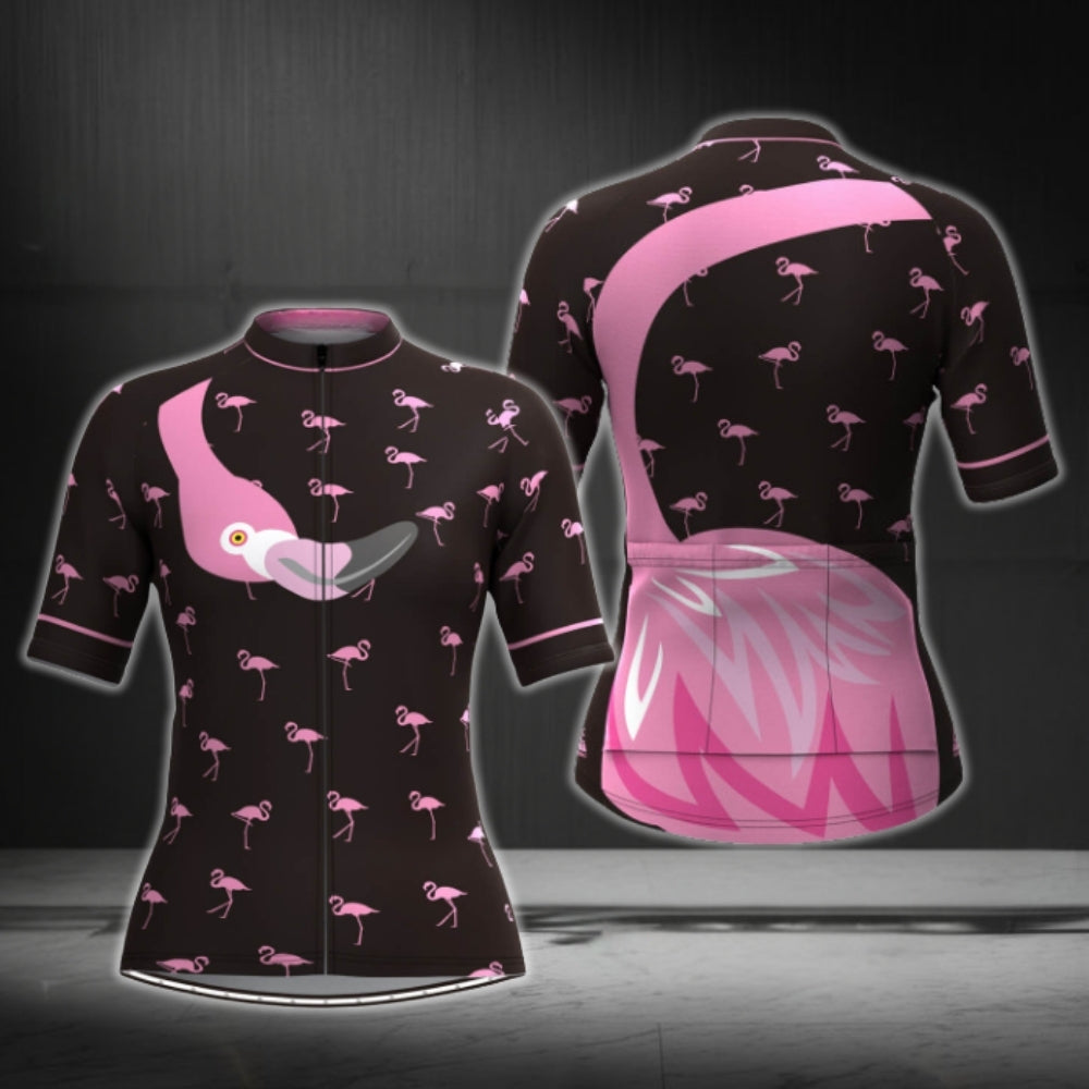 Flamingo Black And Pink Short Sleeve Cycling Jersey Women, Flamingo Cycling Jerseys For Ladies CG0374
