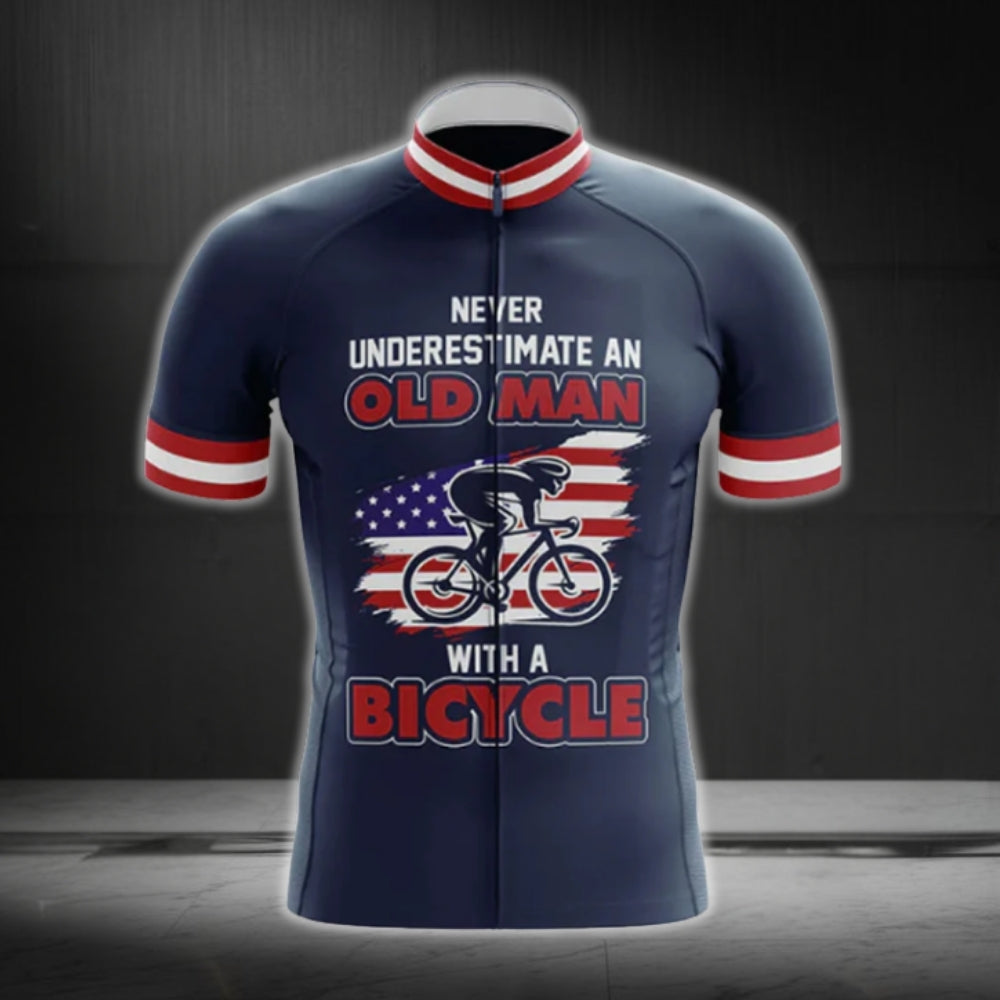 Never Underestimate An Old Man With A Bicycle USA Flag Cycling Jersey Short Sleeve For Men, Patriotic Funny Cycling Jerseys CG0749