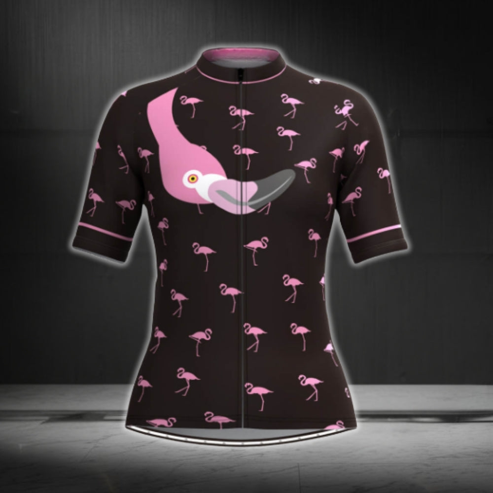 Flamingo Black And Pink Short Sleeve Cycling Jersey Women, Flamingo Cycling Jerseys For Ladies CG0374
