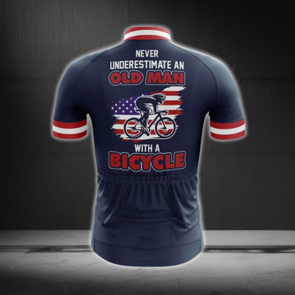 Never Underestimate An Old Man With A Bicycle USA Flag Cycling Jersey Short Sleeve For Men, Patriotic Funny Cycling Jerseys CG0749