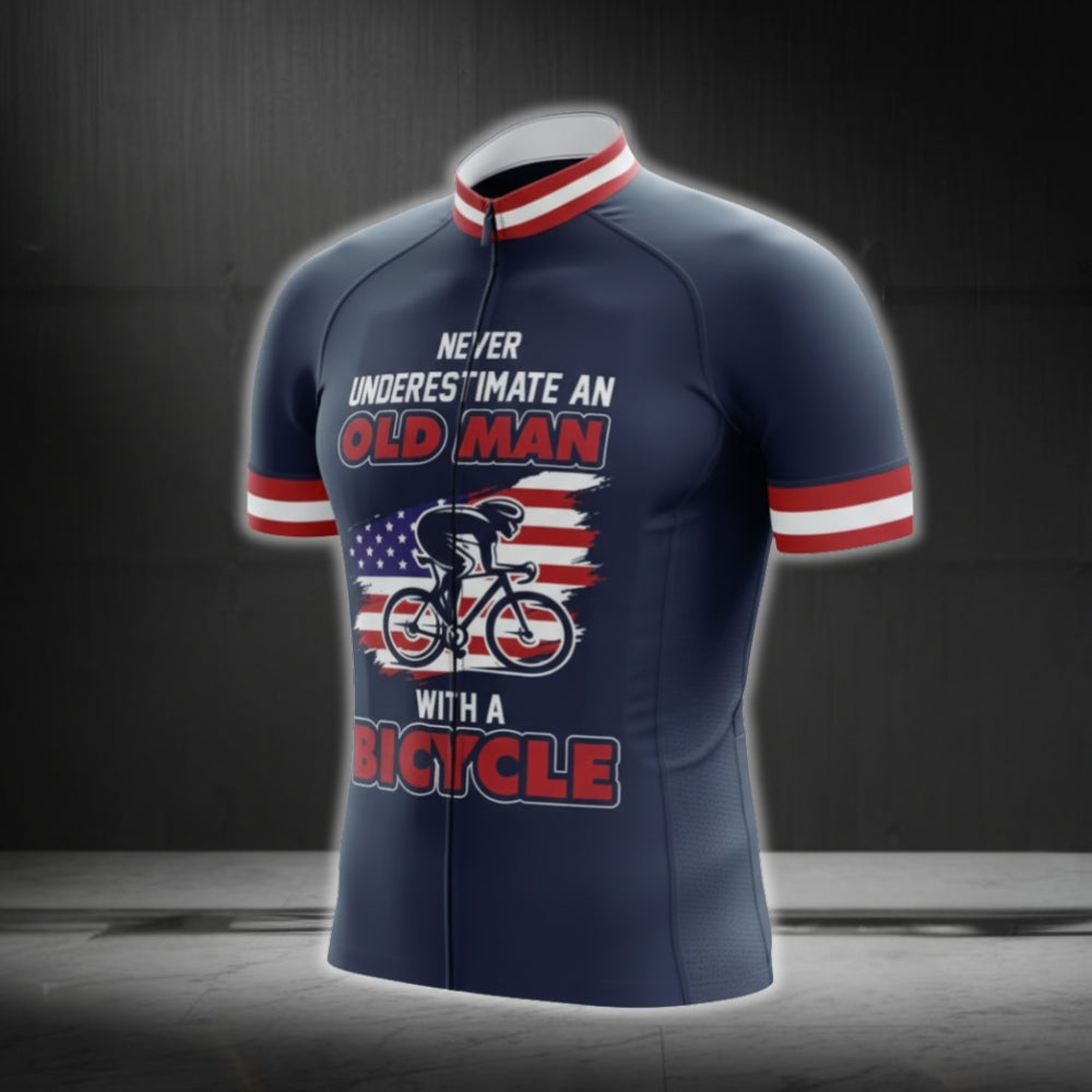 Never Underestimate An Old Man With A Bicycle USA Flag Cycling Jersey Short Sleeve For Men, Patriotic Funny Cycling Jerseys CG0749