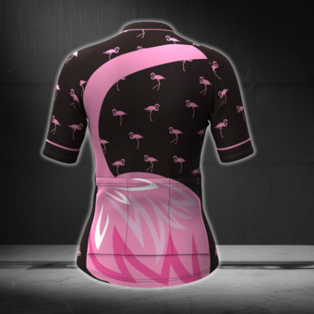 Flamingo Black And Pink Short Sleeve Cycling Jersey Women, Flamingo Cycling Jerseys For Ladies CG0374