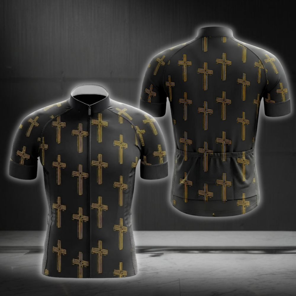 Christian Black And Yellow Cross Cycling Short Sleeve Jersey For Men, Christian Cycling Jersey CG0848