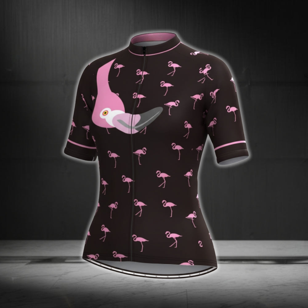 Flamingo Black And Pink Short Sleeve Cycling Jersey Women, Flamingo Cycling Jerseys For Ladies CG0374