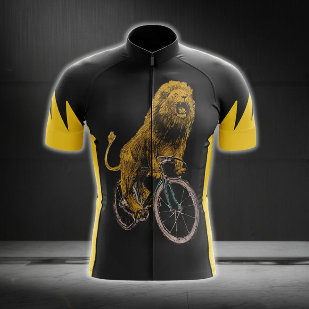 Black And Yellow Lion Short Sleeve Men's Cycling Jersey, Lion Lovers Cycling Jerseys CG0237