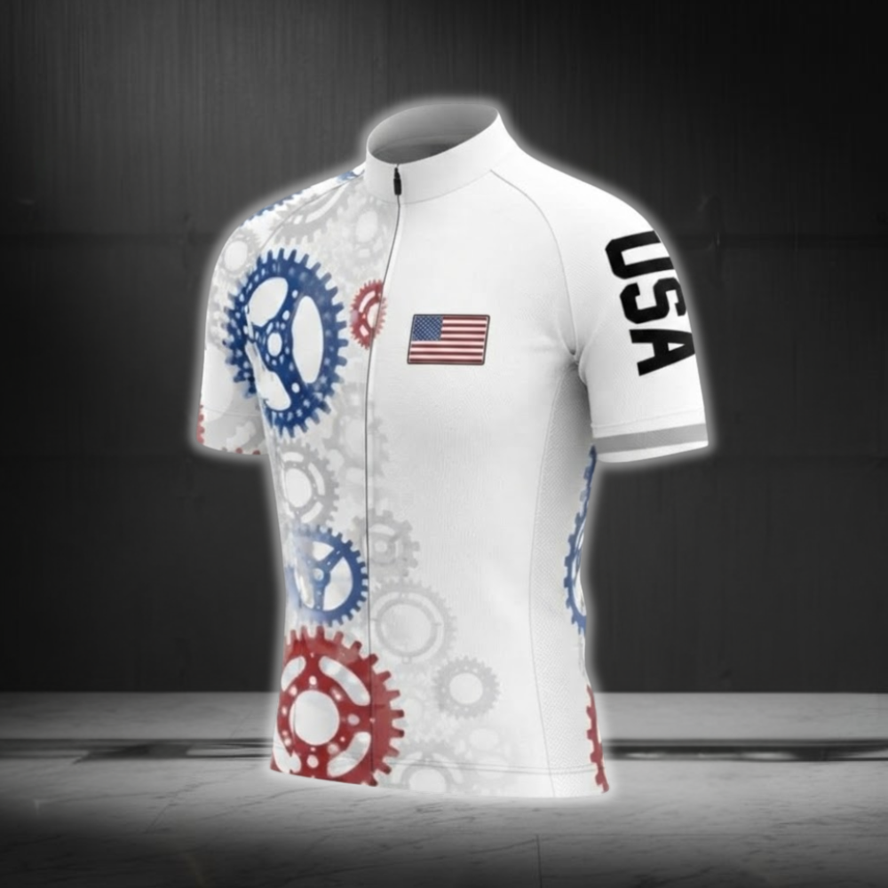 White Red Blue Gear USA Flag Cycling Short Sleeve Jersey For Men, Patriotic Cycling Jerseys CG0882