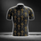Christian Black And Yellow Cross Cycling Short Sleeve Jersey For Men, Christian Cycling Jersey CG0848