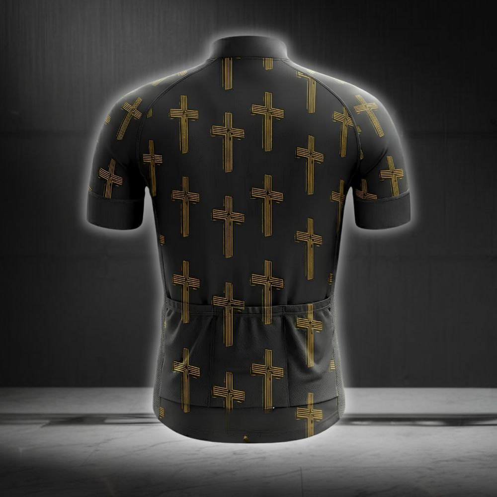 Christian Black And Yellow Cross Cycling Short Sleeve Jersey For Men, Christian Cycling Jersey CG0848