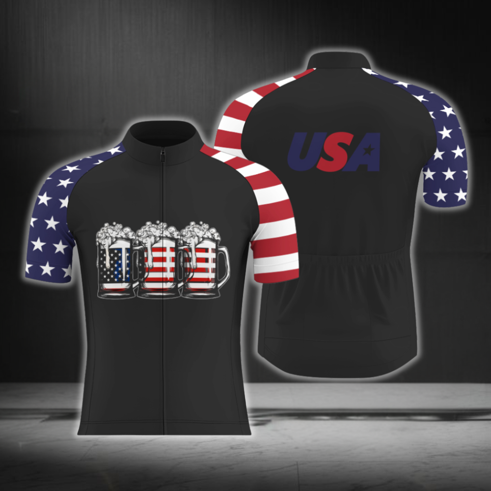 Beer USA Flag Black Cycling Mens Short Sleeve Jersey, Beer Lover Cycling Jersey CG0874