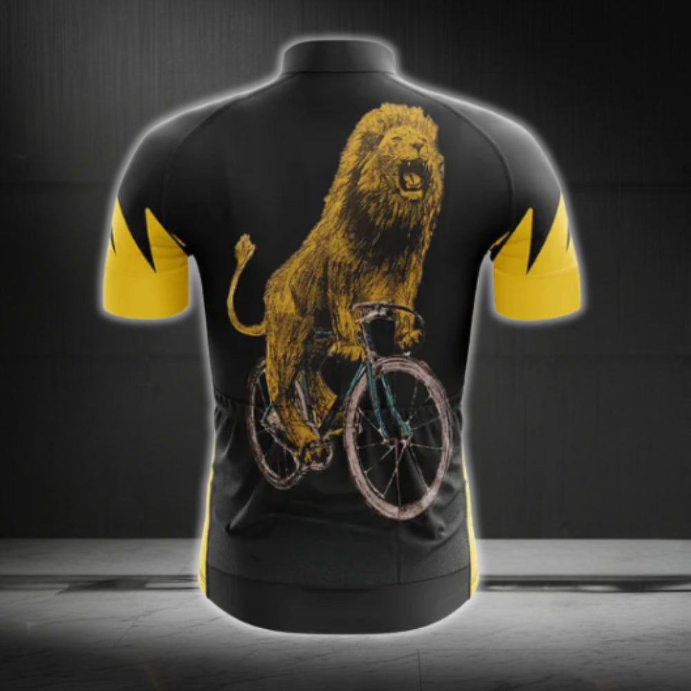 Black And Yellow Lion Short Sleeve Men's Cycling Jersey, Lion Lovers Cycling Jerseys CG0237