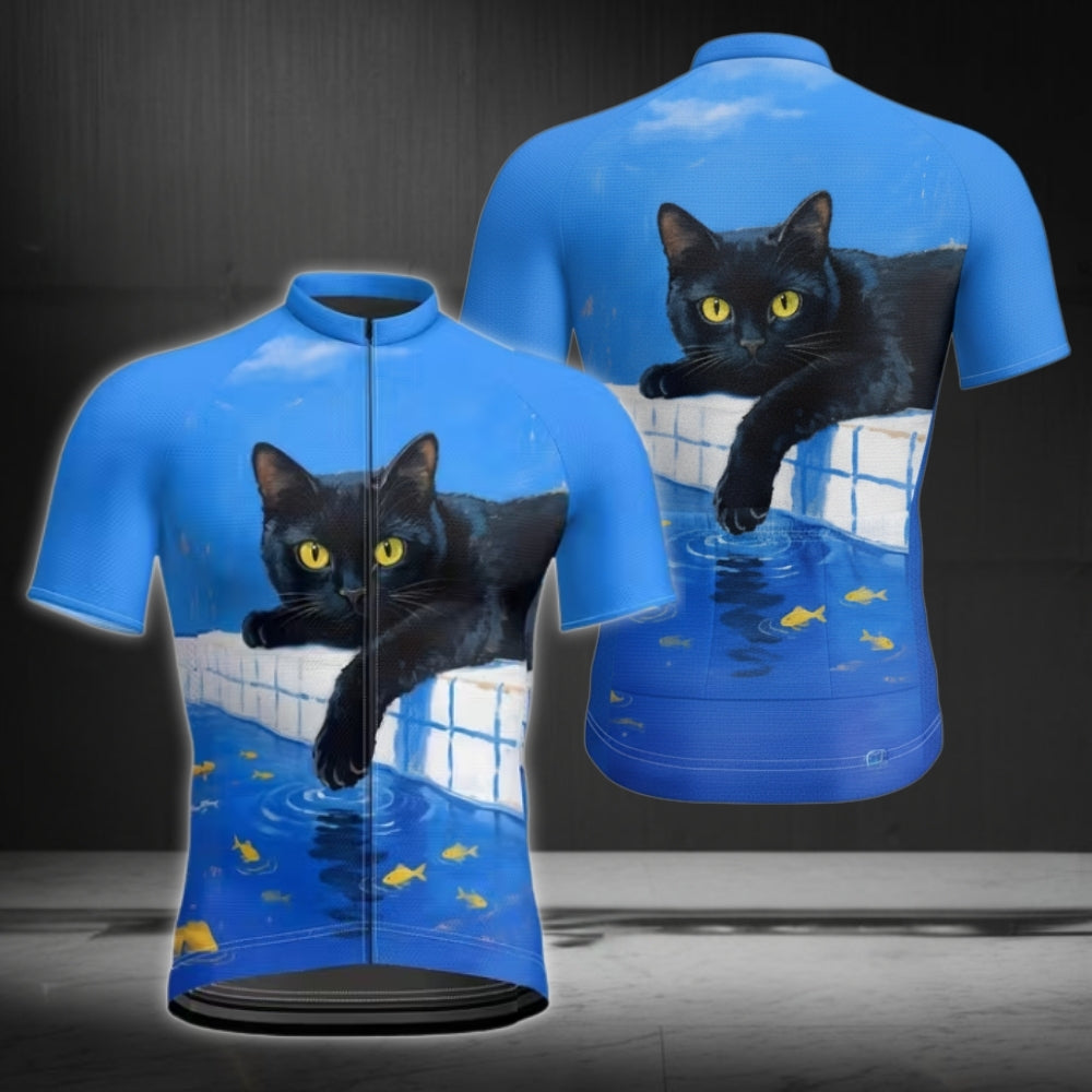 Black Cat Men's Blue Cyling Short Sleeve Jersey, Cat Cycling Jerseys CE0046