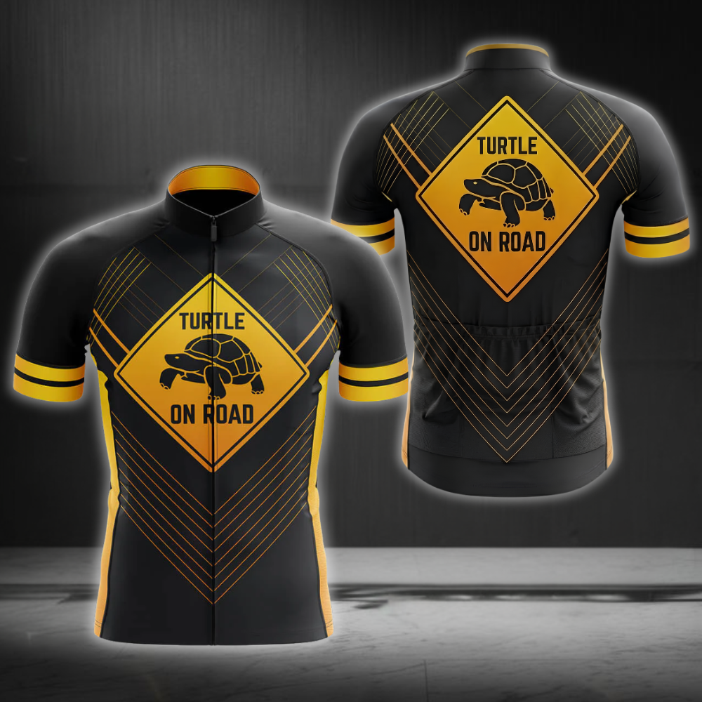 Turtle On Road Cycling Short Sleeve Jersey For Men, Turle Black And Orange Cycling Jersey CG0851