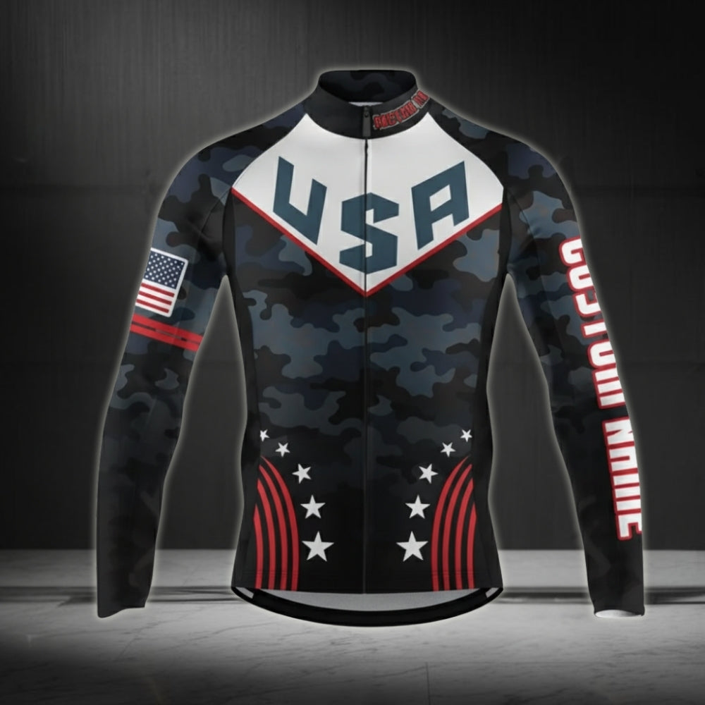 Custom Men's American Flag Camo Cycling Long Sleeve Jersey, Custom Patriotic Cycling Jersey CZ0020