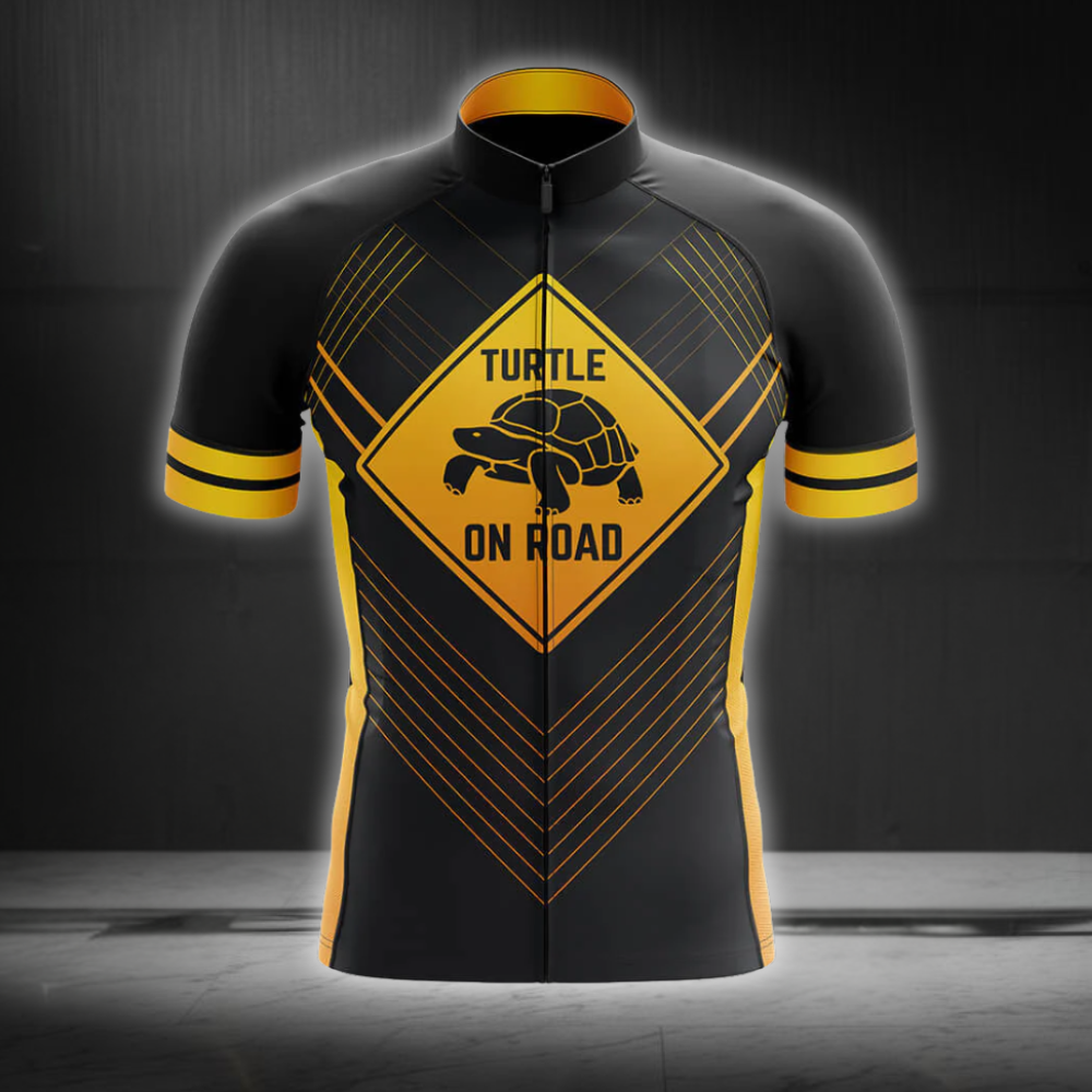 Turtle On Road Cycling Short Sleeve Jersey For Men, Turle Black And Orange Cycling Jersey CG0851