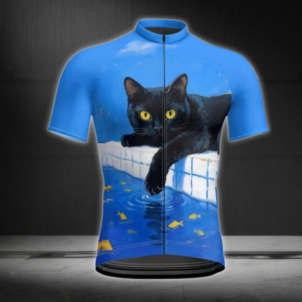 Black Cat Men's Blue Cyling Short Sleeve Jersey, Cat Cycling Jerseys CE0046