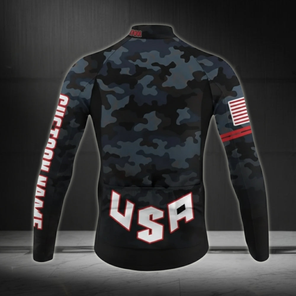 Custom Men's American Flag Camo Cycling Long Sleeve Jersey, Custom Patriotic Cycling Jersey CZ0020