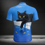 Black Cat Men's Blue Cyling Short Sleeve Jersey, Cat Cycling Jerseys CE0046