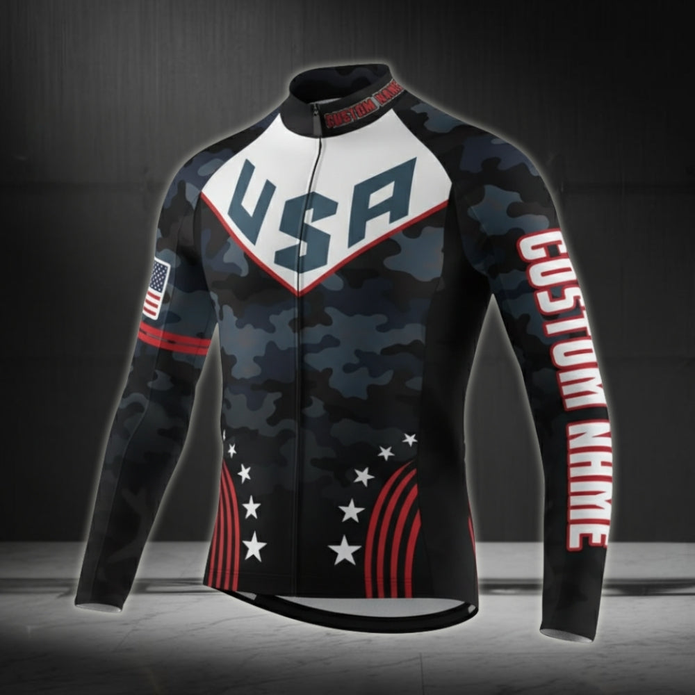 Custom Men's American Flag Camo Cycling Long Sleeve Jersey, Custom Patriotic Cycling Jersey CZ0020