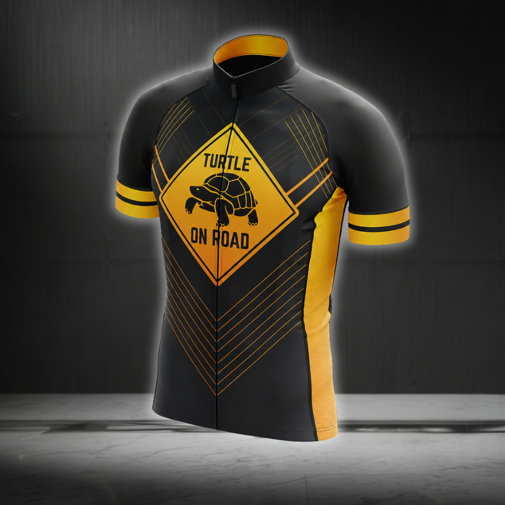 Turtle On Road Cycling Short Sleeve Jersey For Men, Turle Black And Orange Cycling Jersey CG0851