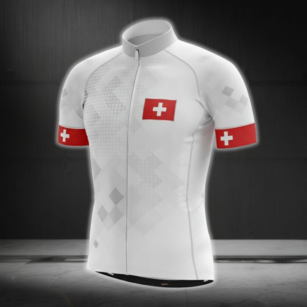 White And Red Switzerland Flag Cycling Short Sleeve Jersey For Mens, Switzerland Patriotic Cycling Jerseys CG0138