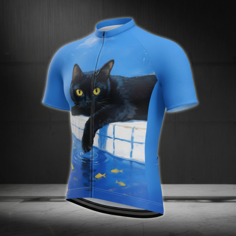 Black Cat Men's Blue Cyling Short Sleeve Jersey, Cat Cycling Jerseys CE0046