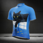 Black Cat Men's Blue Cyling Short Sleeve Jersey, Cat Cycling Jerseys CE0046