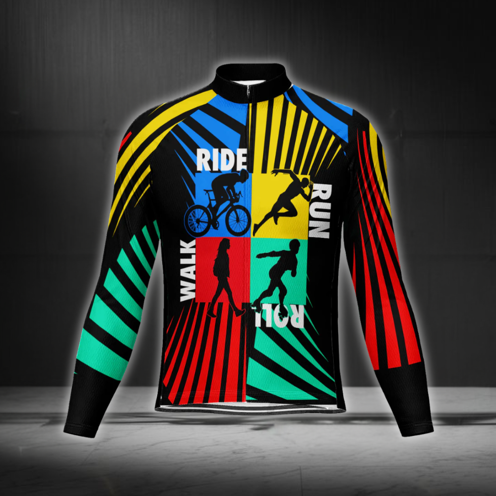 Custom Ride Run Walk Roll Men's Multicolor Cycling Long Sleeve Jersey, Custom Multi Sport Cycling Jersey CG0836