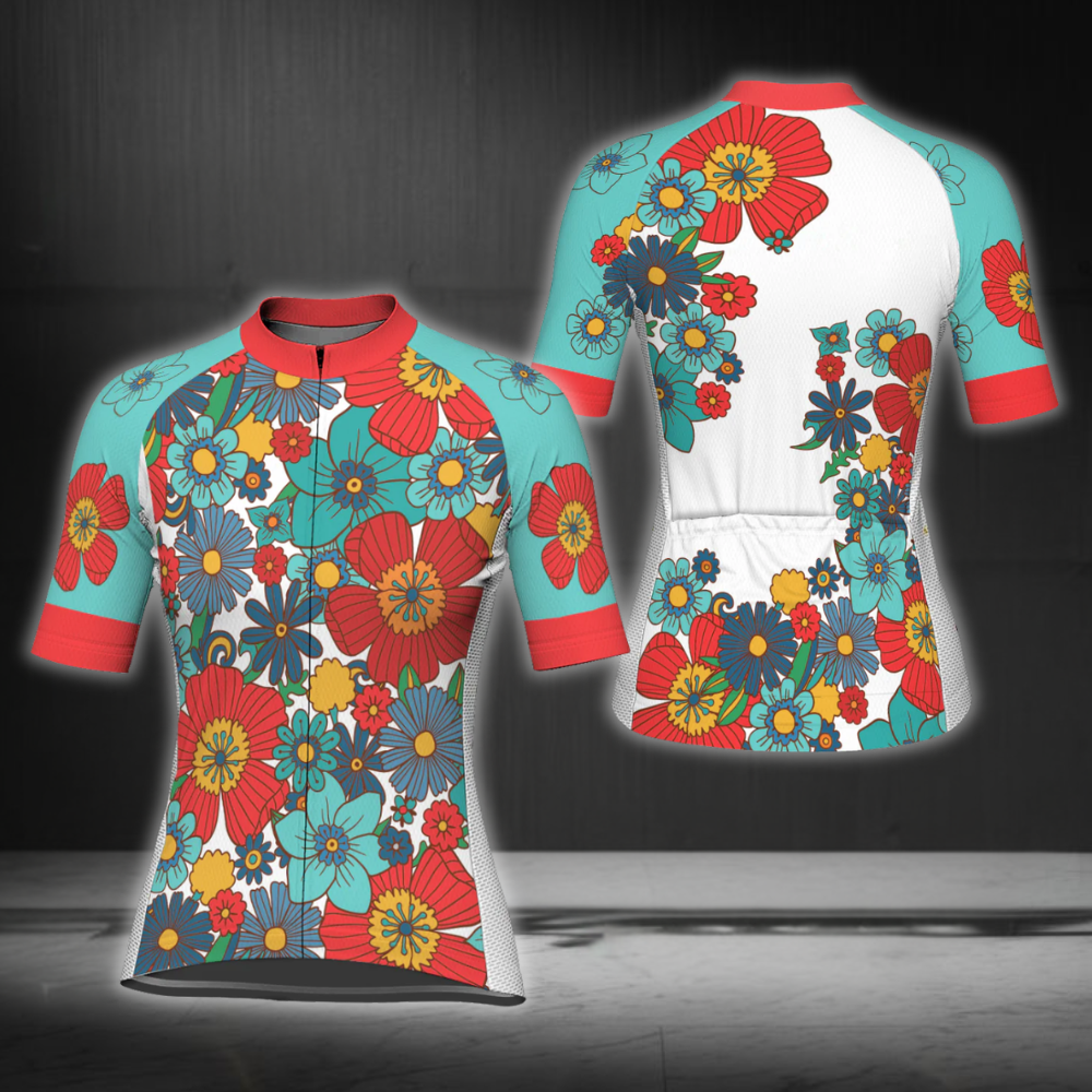 Blue And Red WildFlower Cycling Short Sleeve Jersey For Ladies, Floral Cycling Jersey For Ladies CG0837
