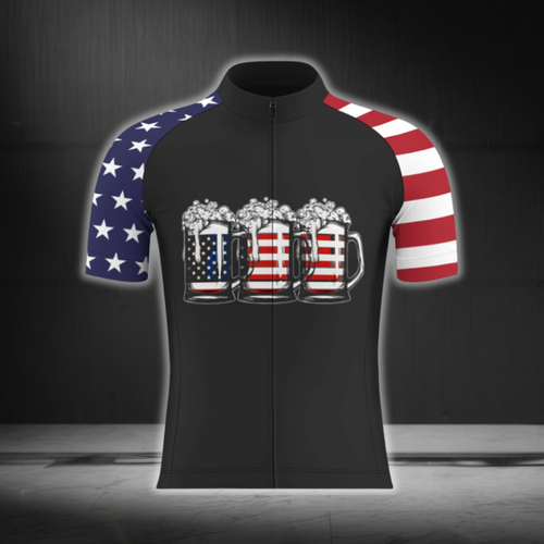 Beer USA Flag Black Cycling Mens Short Sleeve Jersey, Beer Lover Cycling Jersey CG0874