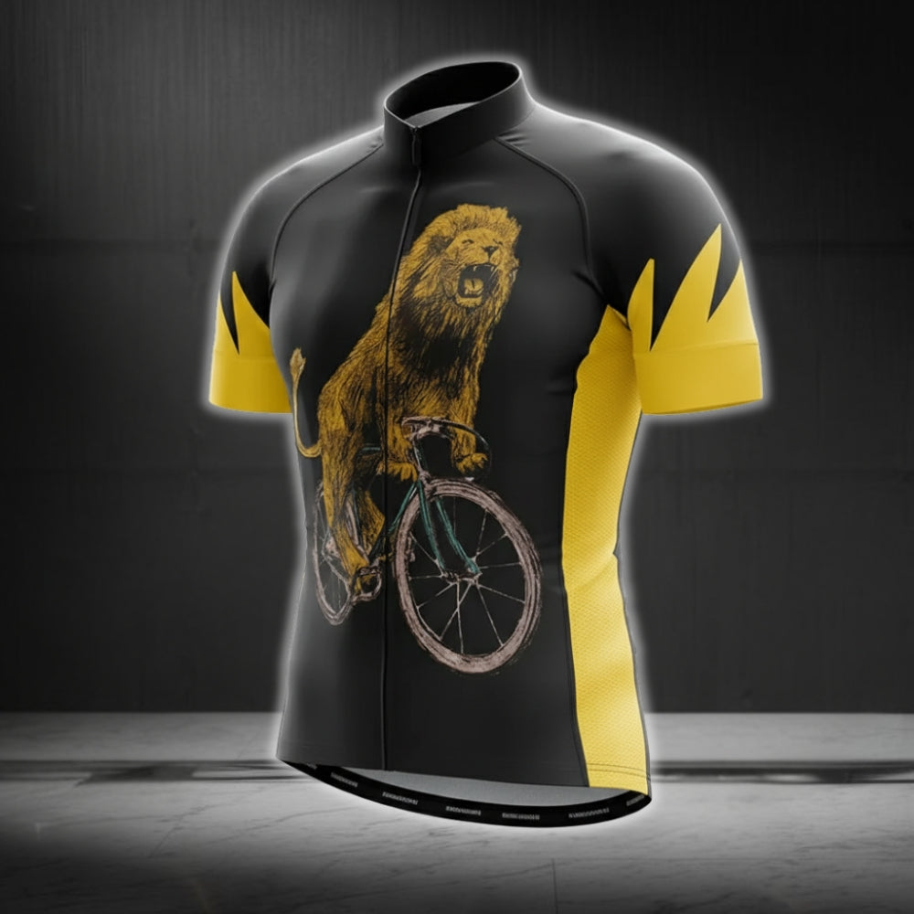 Black And Yellow Lion Short Sleeve Men's Cycling Jersey, Lion Lovers Cycling Jerseys CG0237