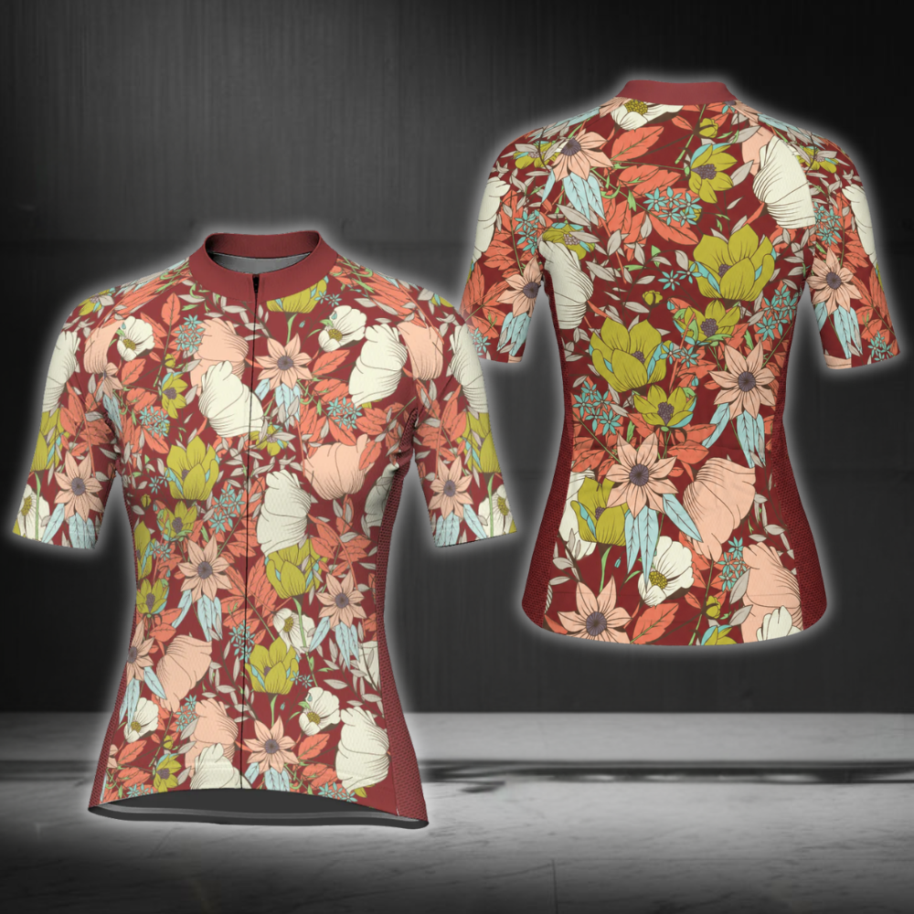 Blue And Red WildFlower Cycling Short Sleeve Jersey For Ladies, Floral Cycling Jersey For Ladies CG0837