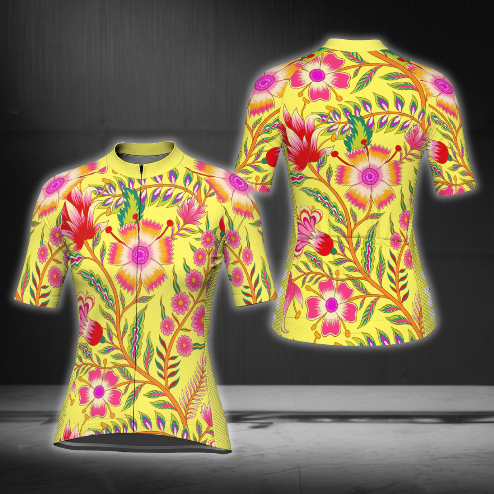 Blue And Red WildFlower Cycling Short Sleeve Jersey For Ladies, Floral Cycling Jersey For Ladies CG0837