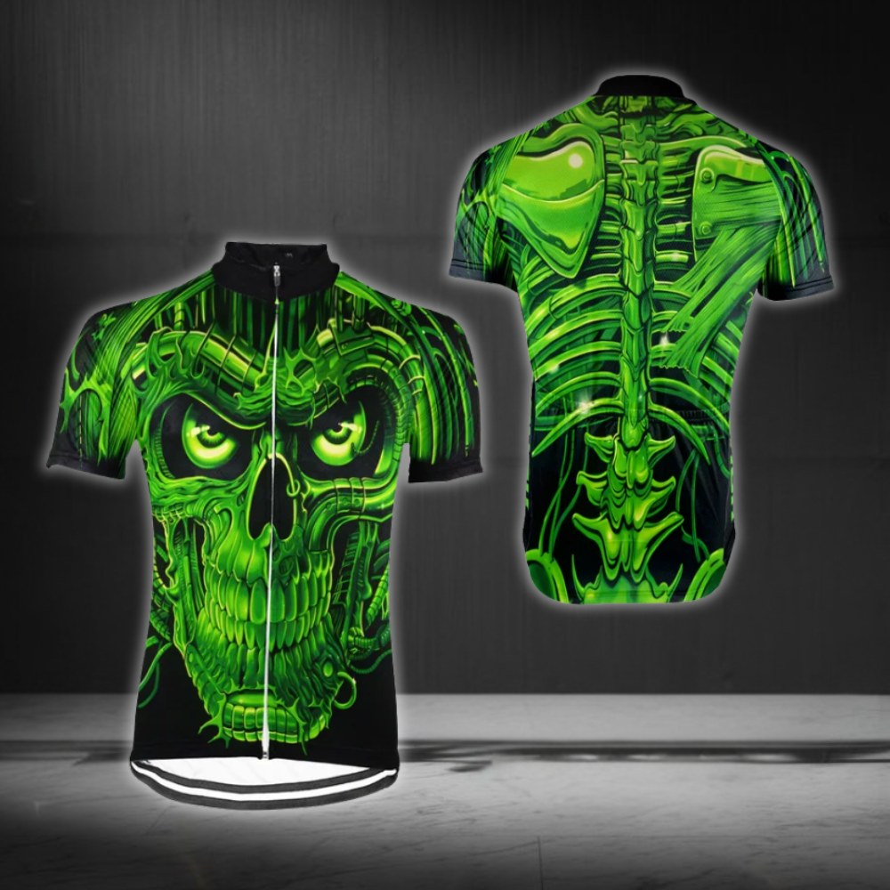 Custom Skull Green Cycling Short Sleeve Jersey Mens, Custom Skull Cycling Jersey CG0838