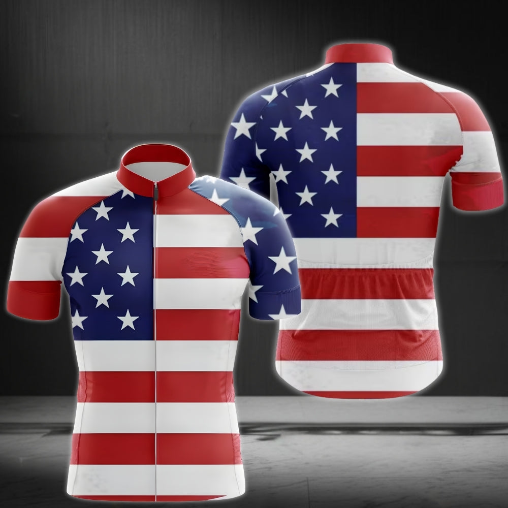 American Flag Men's Cycling Short Sleeve Jersey, Patriotic Cycling Jerseys Mens CE0043