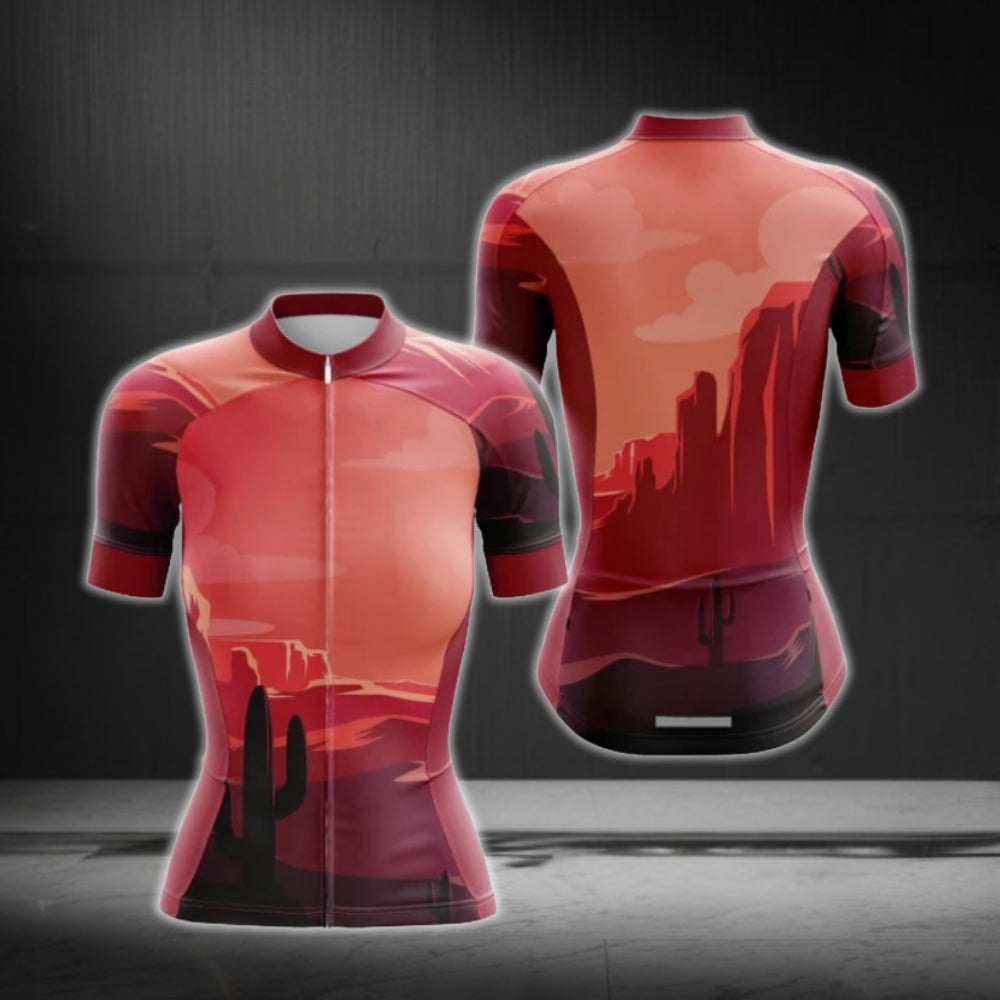 Red Sunset Cactus Cycling Short Sleeve Jersey For Ladies, Women's Sunset Cycling Jerseys CG0631