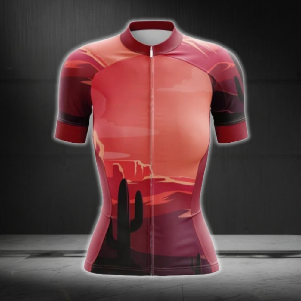 Red Sunset Cactus Cycling Short Sleeve Jersey For Ladies, Women's Sunset Cycling Jerseys CG0631