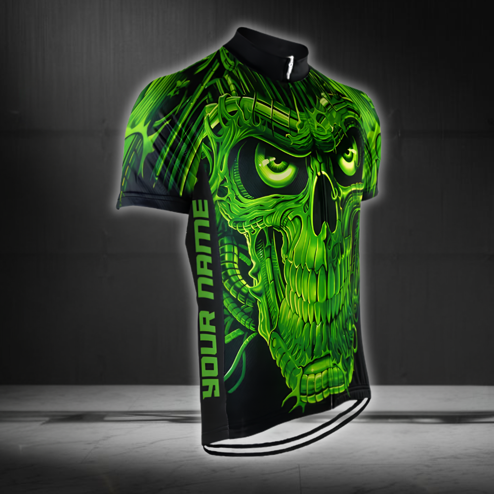 Custom Skull Green Cycling Short Sleeve Jersey Mens, Custom Skull Cycling Jersey CG0838