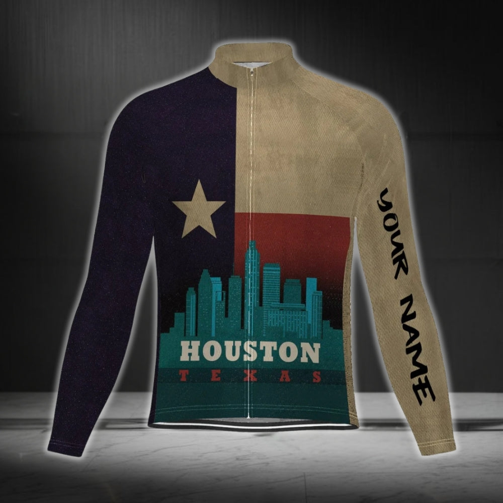 Vintage Texas Houston Custom Name Long Sleeve Cycling Jersey For Men, Custom Texas Cycling Jerseys CG0687