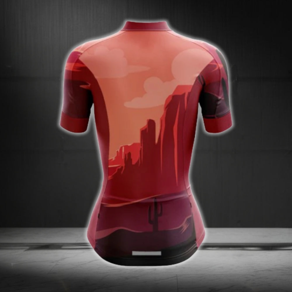 Red Sunset Cactus Cycling Short Sleeve Jersey For Ladies, Women's Sunset Cycling Jerseys CG0631