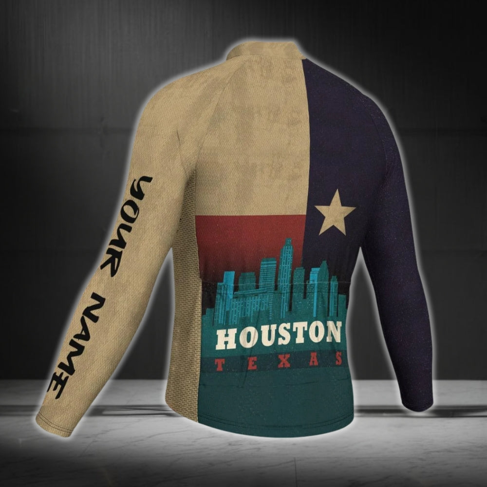 Vintage Texas Houston Custom Name Long Sleeve Cycling Jersey For Men, Custom Texas Cycling Jerseys CG0687