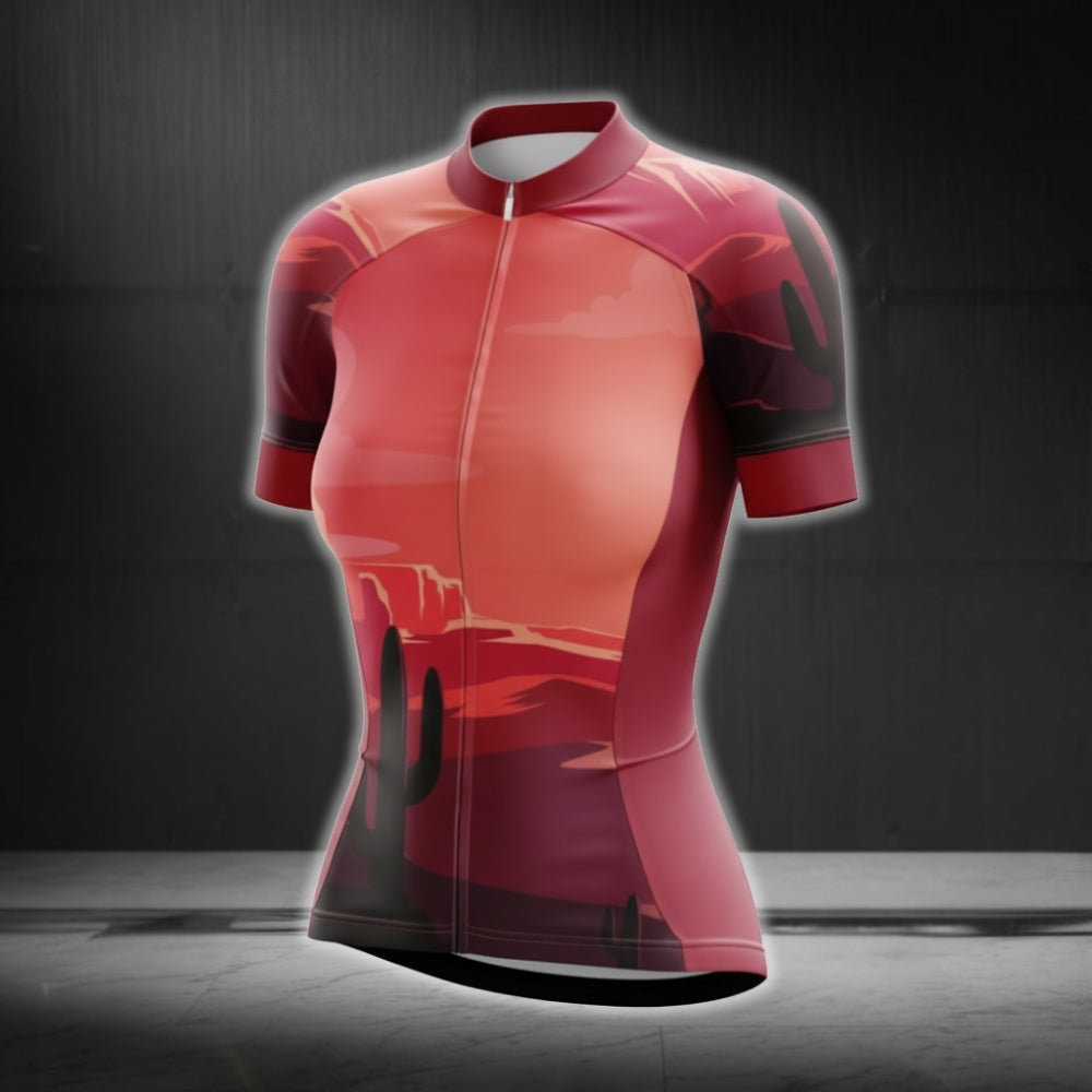 Red Sunset Cactus Cycling Short Sleeve Jersey For Ladies, Women's Sunset Cycling Jerseys CG0631